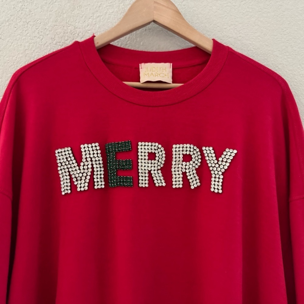 Judith March MERRY Rhinestone Sweatshirt Large Red Green Holiday Festive Fun - Picture 5 of 11
